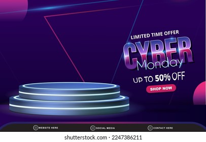 modern limited cyber monday sale discount template banner with blank space 3d podium for product sale with abstract gradient blue and purple background design