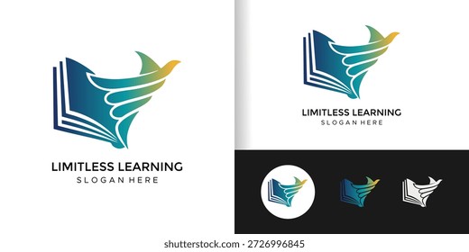 Modern Limitless Learning Logo Design with Flying Bird and Book Icon for Educational Technology, Online School, and Creative Publishing Branding Identity