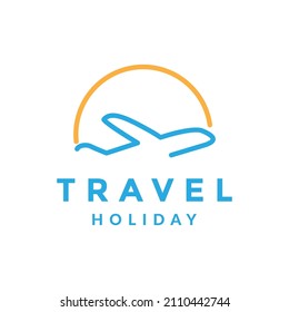 modern line airplane with sunset logo design, vector graphic symbol icon sign illustration