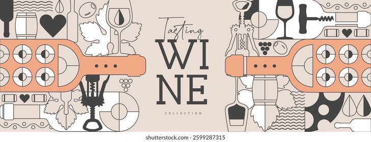 Modern line art banner or poster with wine bottles and glasses. Restaurant menu design. Wine background. Vector illustration