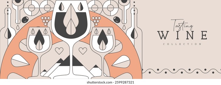 Modern line art banner or poster with wine bottles and glasses. Restaurant menu design. Wine background. Vector illustration