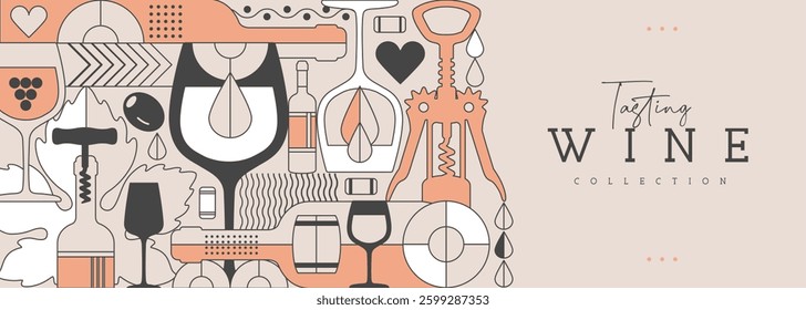 Modern line art banner or poster with wine bottles and glasses. Restaurant menu design. Wine background. Vector illustration