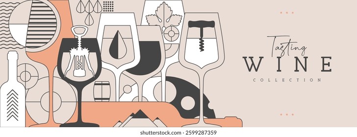 Modern line art banner or poster with wine bottles and glasses. Restaurant menu design. Wine background. Vector illustration