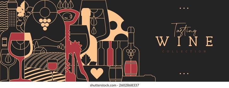 Modern line art banner or poster with wine bottles and glasses. Restaurant menu design. Wine background. Vector illustration