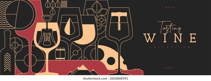 Modern line art banner or poster with wine bottles and glasses. Restaurant menu design. Wine background. Vector illustration