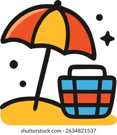 Modern Line Art Beach Umbrella and Basket Illustration for Summer Vacation