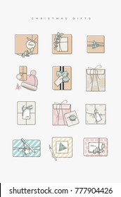 Modern line art Christmas gifting icons in pastel colors