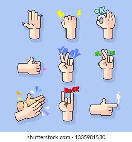 Modern line art comic cartoon hand gesture collection set.