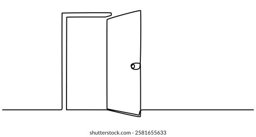 A modern line art depiction of an open door in one continuous line, Open door continuous one line drawing. Vector illustration, Door, Construction, House line icon, minimal concept style.