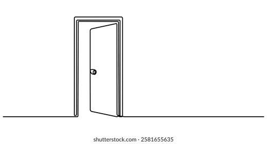 A modern line art depiction of an open door in one continuous line, Open door continuous one line drawing. Vector illustration, Door, Construction, House line icon, minimal concept style.