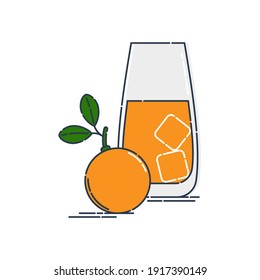 Modern line art design glass juice with ice cube near orange fruit on white background. Citrus with stem and leaves. Contour symbol for decoration design. Simplicity concept. Linear outline sign.
