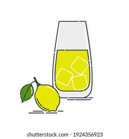 Modern line art design glass juice with ice cube near lemon fruit on white background. Citrus with stem and leaves. Contour symbol for decoration design. Simplicity concept. Vector linear outline.
