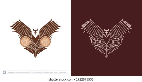 Modern line art eagle's holding globes illustration, logo template. unusual monoline eagle logo vector