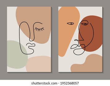 Modern line art face. Set of abstract backgrounds with minimal shapes and lines. Home decor design. Hand drawn watercolor effect painting shapes and line art faces. Contemporary boho design.
