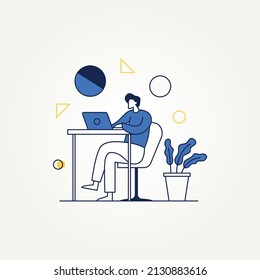 modern line art flat design concept of business. businessman marketer working at the laptop in the office. simple modern flat design for web banner and business presentation template vector