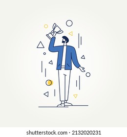 modern line art flat web design illustration of man lifting a trophy for his success. simple minimalist Business achievements, winning business, celebrating success flat illustration concept