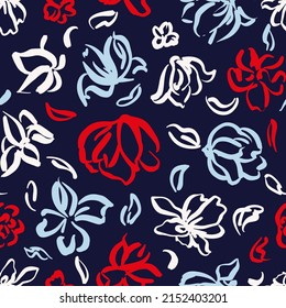 Modern line art flowers with leaves seamless repeat pattern in maritime colors. Random placed, hand drawn, vector floral all over surface print on dark blue background.