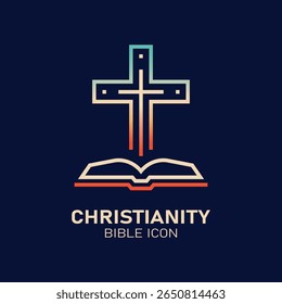 Modern line art icon of a Christian cross above an open Bible. Symbol of Christianity, faith, scripture, and religion. Gradient outline isolated on dark background. Vector logo design.