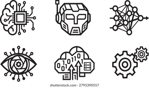 A modern line art icon collection featuring artificial intelligence, computer vision, and cloud computing concepts. Perfect for tech startup branding, software development UI, and data science infographics.