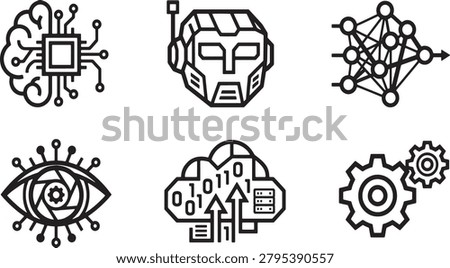A modern line art icon collection featuring artificial intelligence, computer vision, and cloud computing concepts. Perfect for tech startup branding, software development UI, and data science infographics.