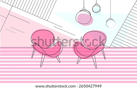 Modern line art interior with two pink accent chairs, geometric wall patterns, ideal for design blogs, home decor magazines, social media graphics, and presentation backgrounds. Vector illustration