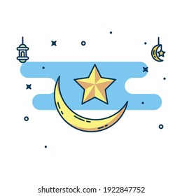 Modern Line Art Islamic Moon And Star Isolated On White Background. Moon And Star Islamic Icon Illustration. Ramadan Vector.