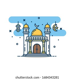 Modern line art Islamic Mosque building. White background, Modern Mosque icon illustration. Ramadan mosque. Mosque conceptual design idea.