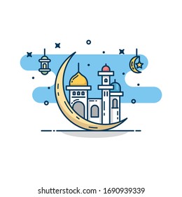 Modern line art Islamic Mosque building upon a moon. White background, Modern Mosque upon a moon icon illustration. Ramadan mosque. Mosque conceptual design idea.