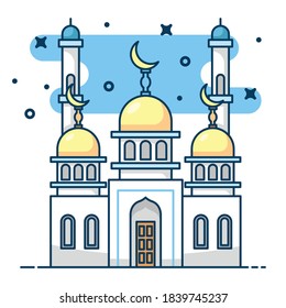Modern line art Islamic Mosque building. White background, Modern Mosque icon illustration. Ramadan mosque. Mosque conceptual design idea.
