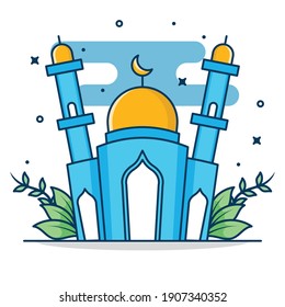 Edificio de la Mezquita Islámica de arte de línea moderna. Fondo blanco, ilustración del icono Mezquita moderna. Mezquita de Ramadán. Idea de diseño conceptual de mezquita.