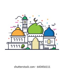 Modern Line Art Islamic Mosque Building. White Background, Modern Mosque Icon Illustration.