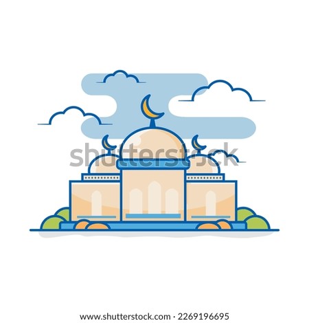 Modern line art islamic mosque building with plants in front and behind designed in flat style isolated on white background. Ramadan Mosque. Mosque conceptual design idea. Islamic concept mosque icon