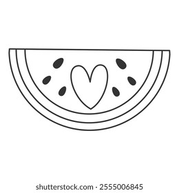 Modern line art of a juicy watermelon slice with heart shape. Ideal for print, web, or packaging designs
