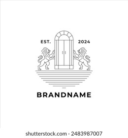 modern line art lion with gate logo vector for interior business brand