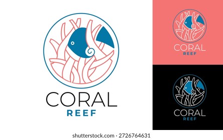 Modern line art logo featuring a fish swimming through coral reef elements in a circular frame. The minimalist outline style and balanced composition make this logo ideal for marine brands, aquariums, eco projects, seafood businesses, diving and snorkeling services, or ocean conservation initiatives. Suitable for digital and print applications.