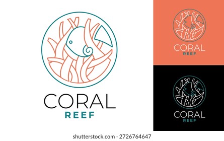 Logotipo de arte lineal moderno con un pez nadando a través de Elementos de arrecifes de coral en un marco circular. El estilo minimalista y la composición equilibrada hacen que este logotipo sea ideal para marcas marinas, acuarios, proyectos ecológicos, negocios de mariscos, servicios de buceo y snorkel o iniciativas de conservación del océano. Adecuado para aplicaciones digitales e impresas.