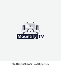 Modern Line Art Logo Vector for Home Entertainment Featuring a TV on a Stand with Speakers and a Play Button Symbol