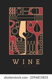Modern line art magazine cover or poster with wine bottles and glasses. Restaurant menu design. Vector illustration