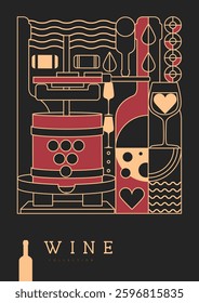 Modern line art magazine cover or poster with wine bottles and glasses. Restaurant menu design. Vector illustration
