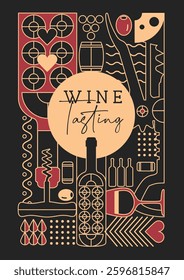 Modern line art magazine cover or poster with wine bottles and glasses. Restaurant menu design. Vector illustration