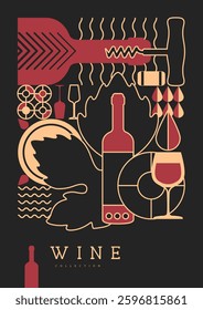 Modern line art magazine cover or poster with wine bottles and glasses. Restaurant menu design. Vector illustration