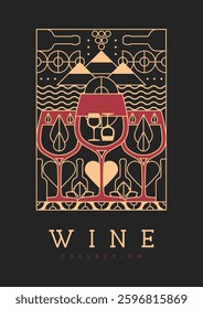 Modern line art magazine cover or poster with wine bottles and glasses. Restaurant menu design. Vector illustration