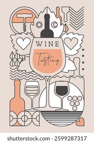Modern line art magazine cover or poster with wine bottles and glasses. Restaurant wine menu design. Vector illustration
