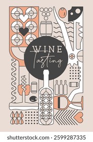 Modern line art magazine cover or poster with wine bottles and glasses. Restaurant wine menu design. Vector illustration