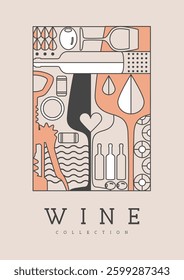 Modern line art magazine cover or poster with wine bottles and glasses. Restaurant wine menu design. Vector illustration