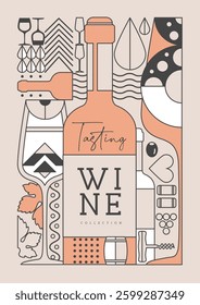Modern line art magazine cover or poster with wine bottles and glasses. Restaurant wine menu design. Vector illustration