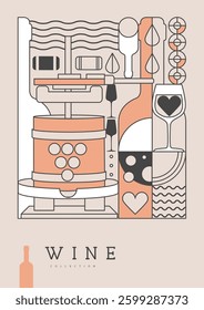 Modern line art magazine cover or poster with wine bottles and glasses. Restaurant wine menu design. Vector illustration