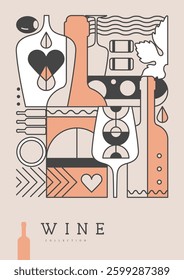 Modern line art magazine cover or poster with wine bottles and glasses. Restaurant wine menu design. Vector illustration