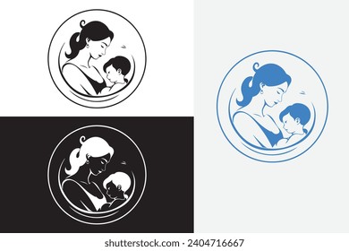 modern line art mom with baby white logo sample clean design art