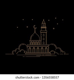 Modern line art mosque isolated black background vector template